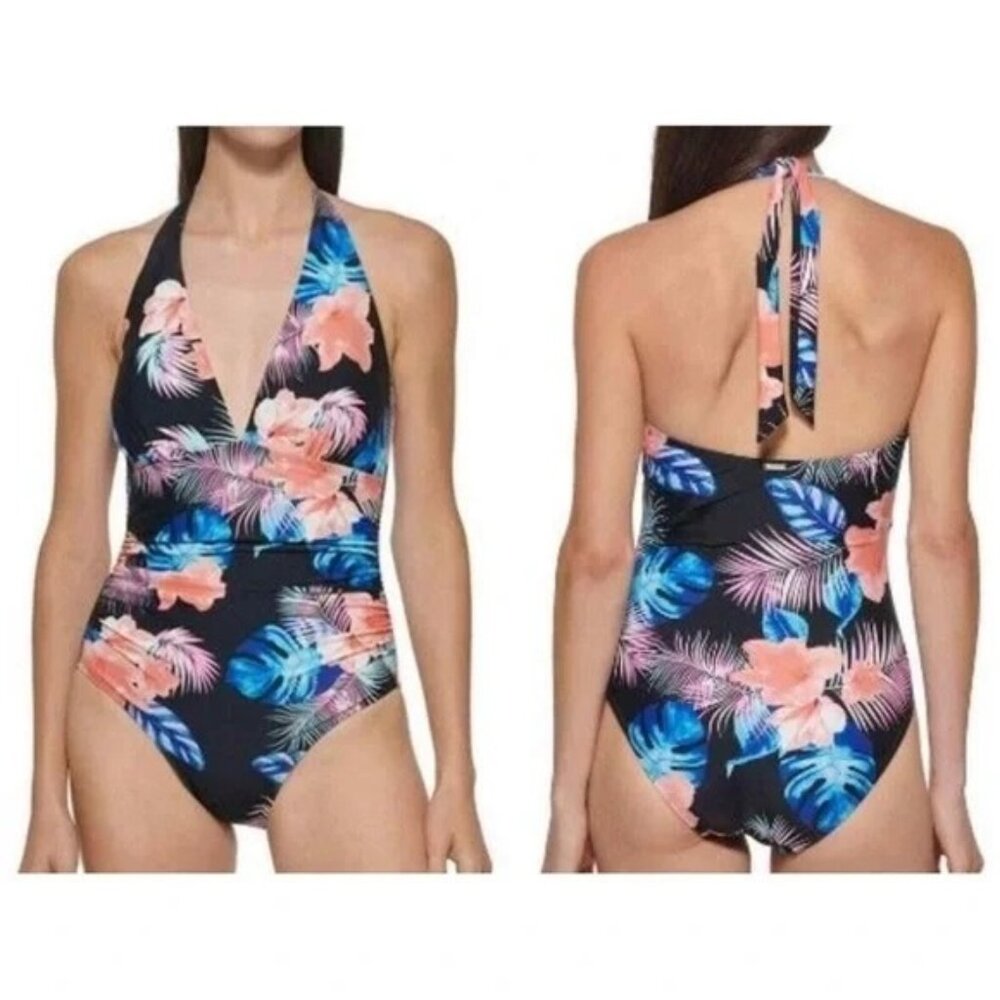 DKNY Women's One Piece Tummy Control Halter Neckline Swimsuit